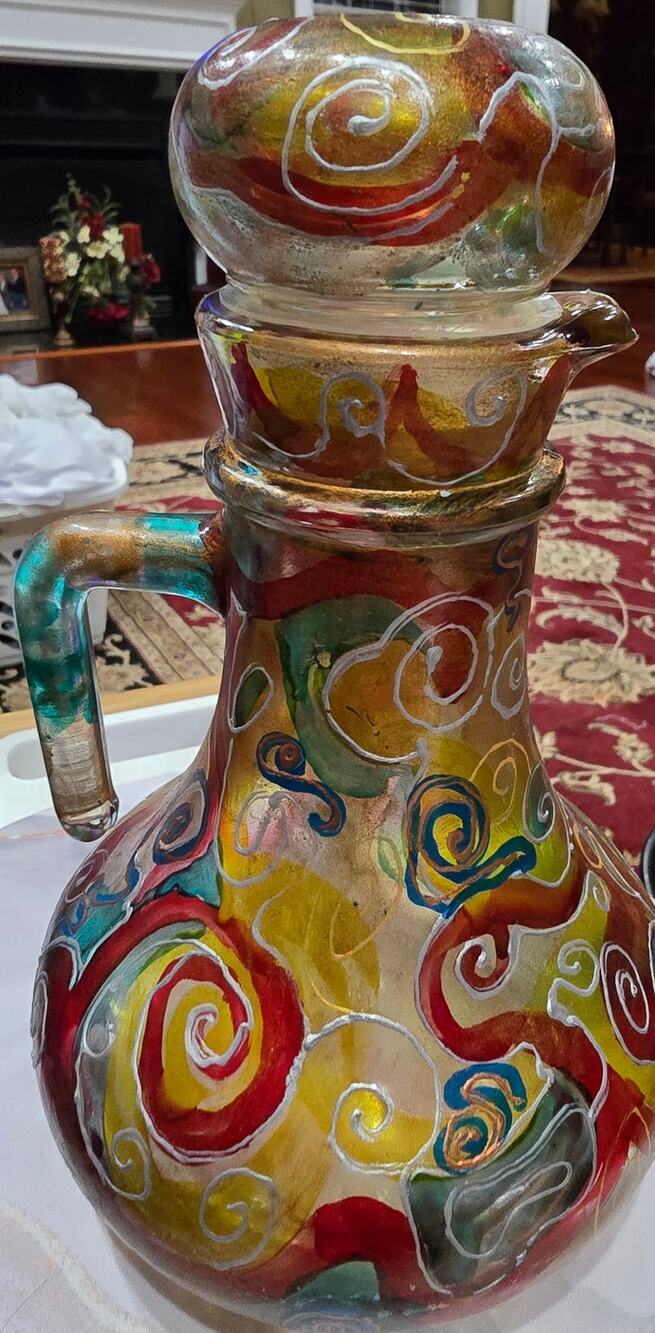 Hand-Painted Glass Oil & Vinegar Cruet with Lid - 7.5" (Gold, Red, Turquoise)
